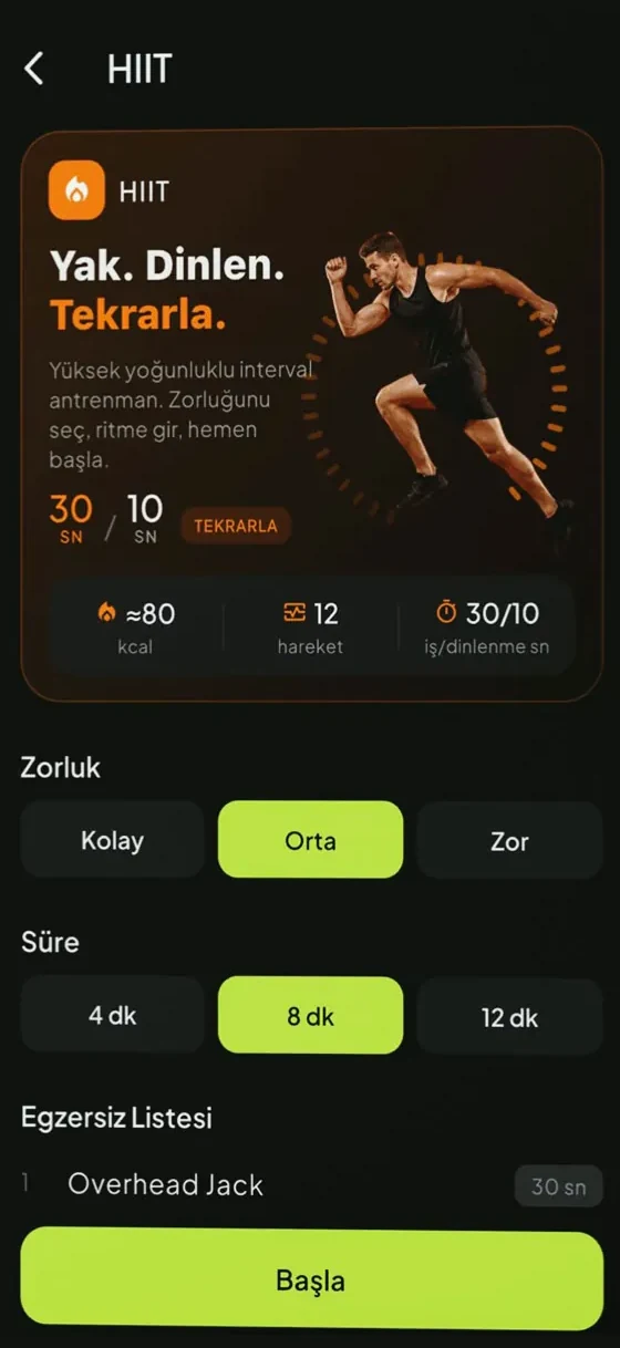 Healife HIIT ekranı: zorluk ve süre seçimi, egzersiz listesi