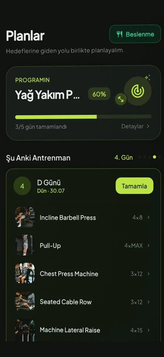 Planlar ekranı: program ilerlemesi ve günün antrenmanı